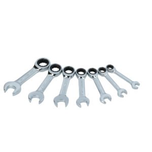 Juego de llaves combinadas cortas pulido espejo de matraca en pulg, 12 puntas,7 pz en rack Surtek