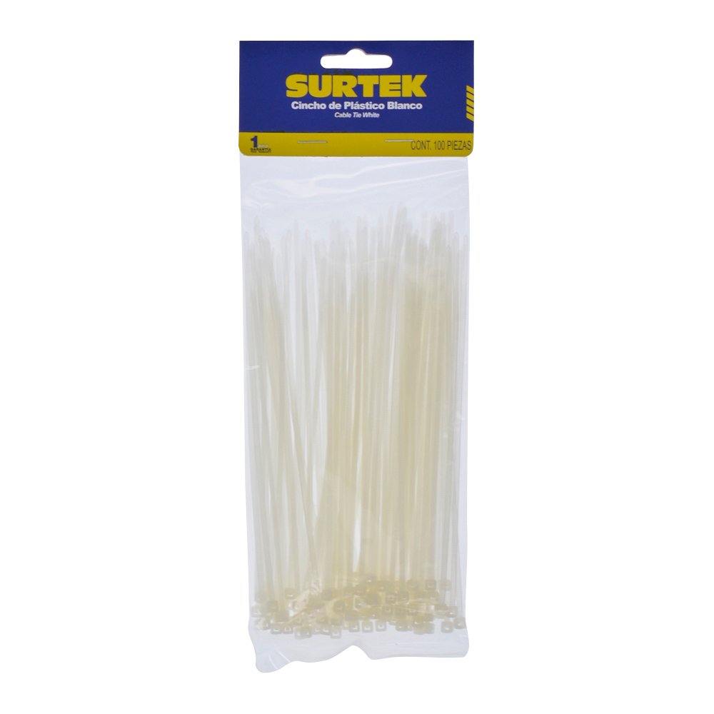 12 Pza Cinchos plásticos 100 x 2.5 mm, tensión 8 kg de 100 piezas, color natural Surtek