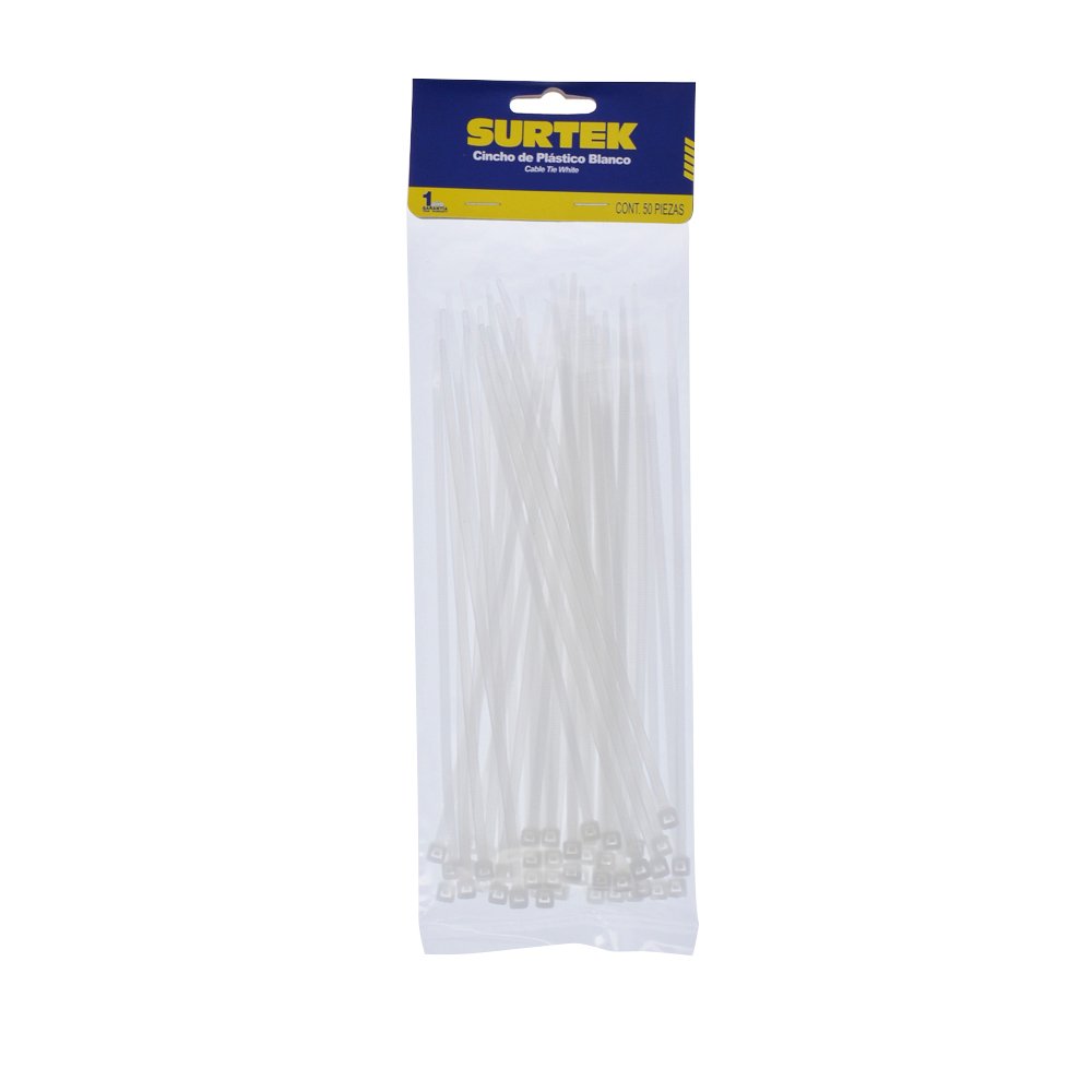 12 Pza Cinchos plásticos 203 x 3.6 mm, tensión 18 kg de 50 piezas, color natural Surtek