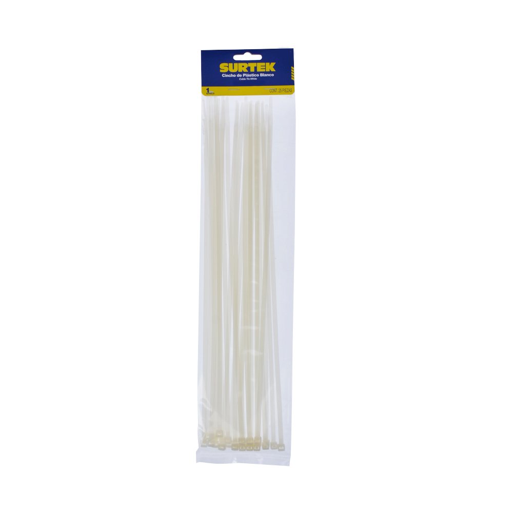 10 Pza Cinchos plásticos 368 x 4.6 mm, tensión 22 kg de 25 piezas, color blanco Surtek