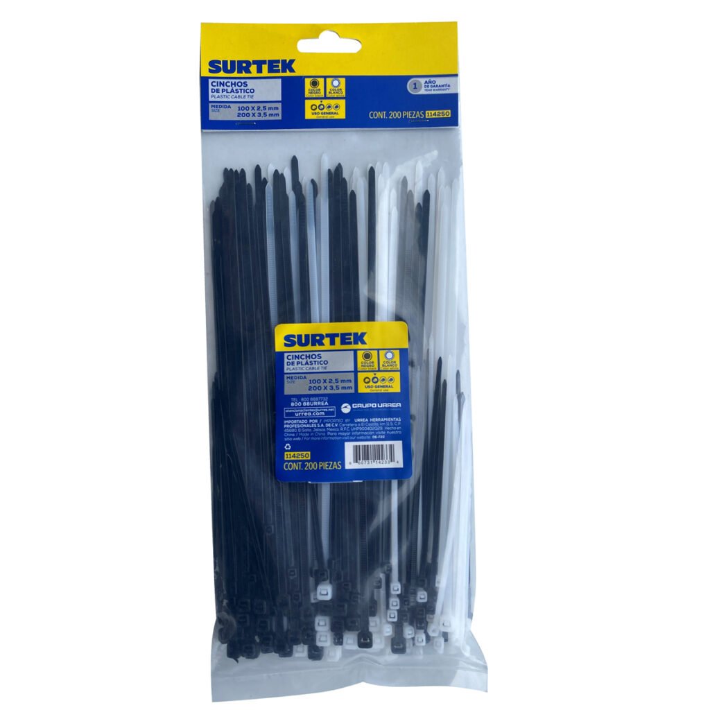 12 Pza Cinchos de plásticos combinados en bolsa, tensión 8kg de 200 piezas, color natural y negro Surtek