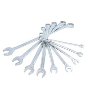Juego de llaves combinadas extra largas pulido espejo en pulgadas, 12 puntas, 9 pz en rack Urrea