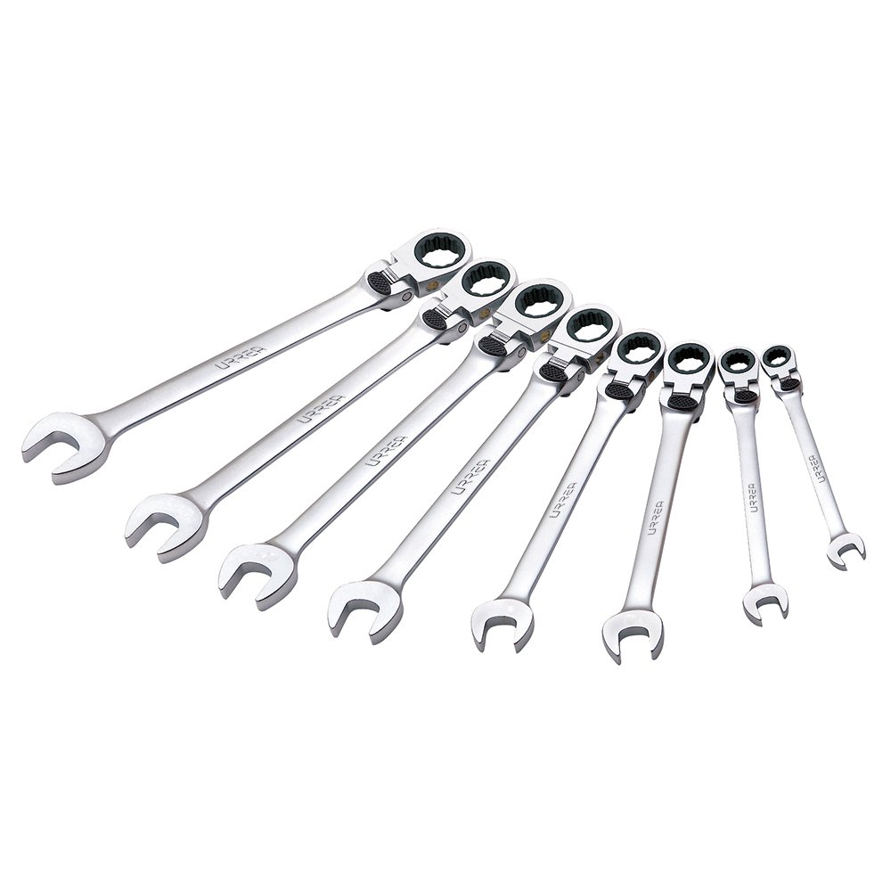 Juego de llaves combinadas pulido espejo flex de matraca spline en pulg,8 pz en caja plást Urrea