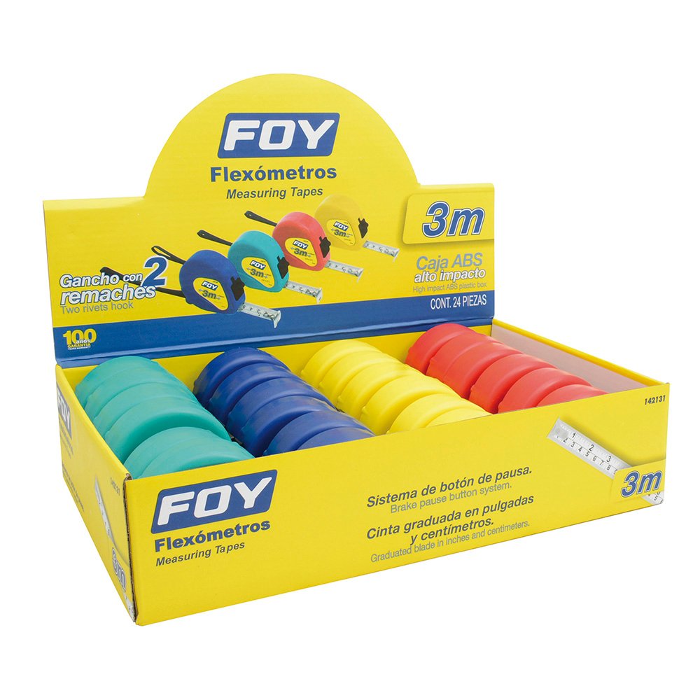 24 Pza Flexómetros con carcasa de plástico colores en display 3 m x 1/2" Foy