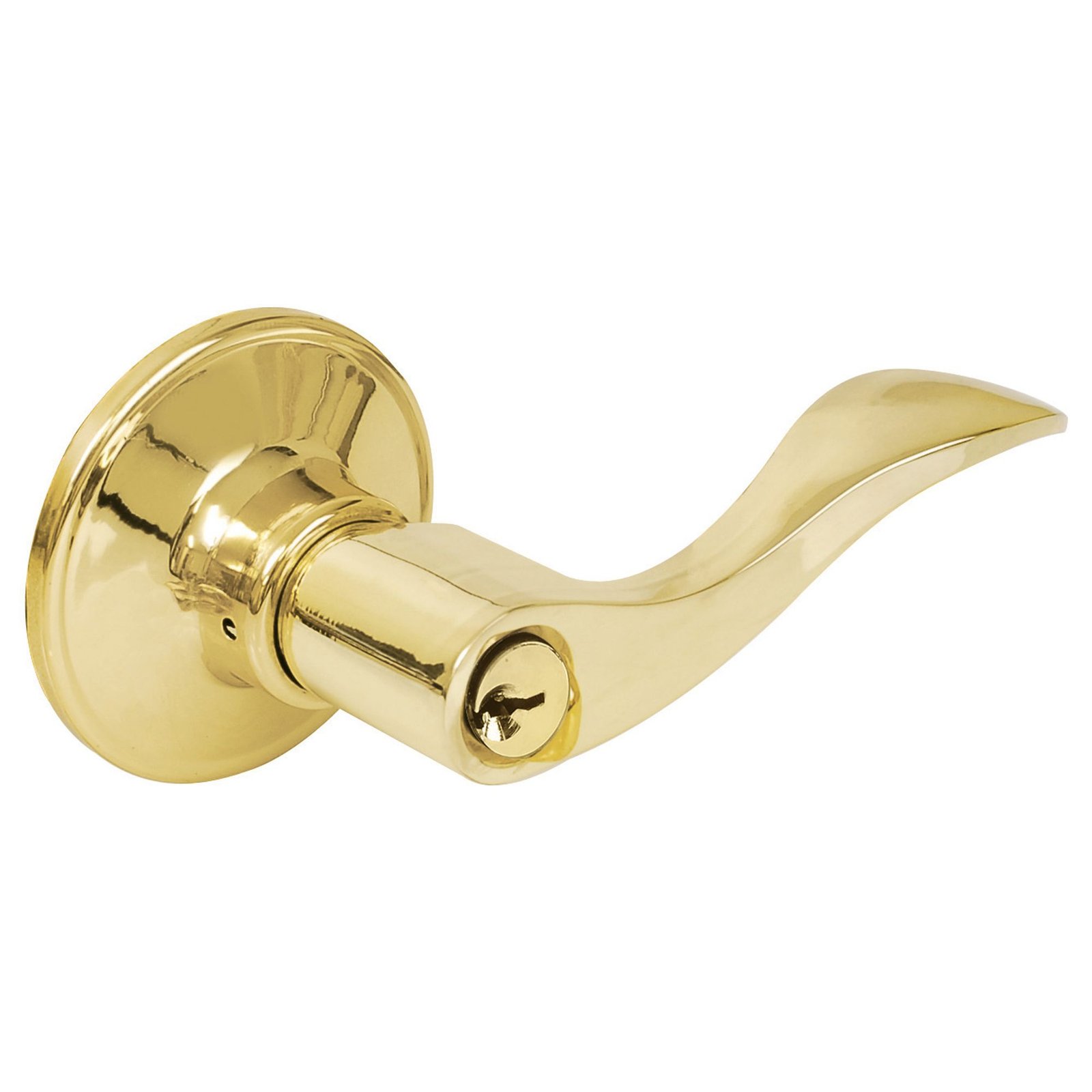 Manija tubular curva función baño, latón brillante, llave estándar, blíster Lock