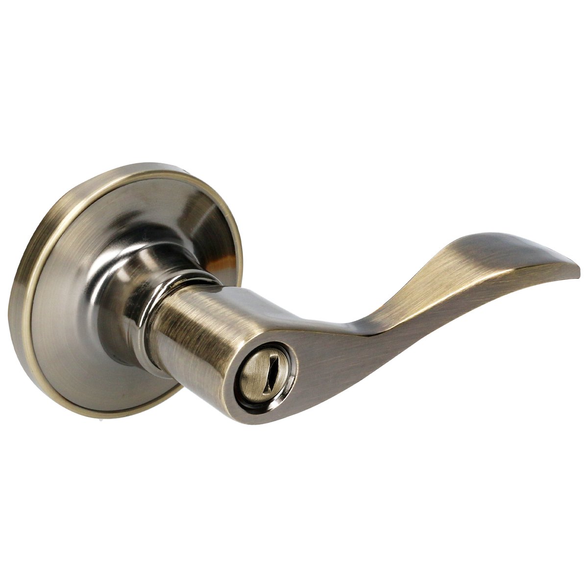 Manija tubular curva función baño, latón antiguo, llave estándar, blíster. Lock