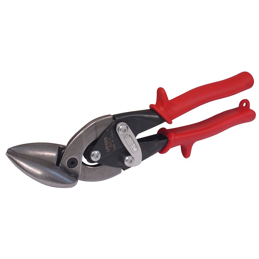 3 Pza Tijera para hojalatero tipo aviación acodada izquierda  con mango rubber grip, 10" Urrea