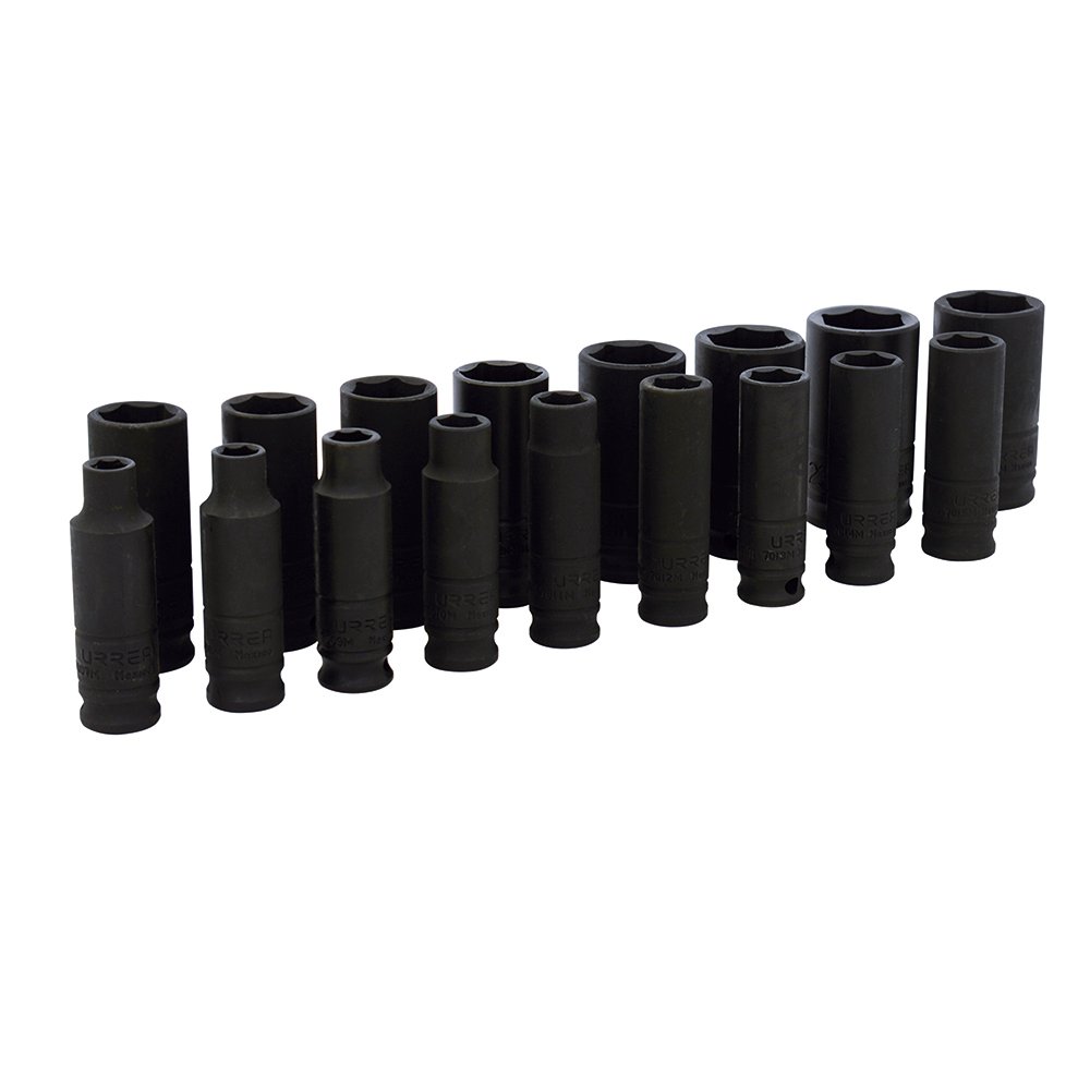 Juego de dados largos de impacto cuadro de 3/8", 6 puntas, métricos, 17 piezas Urrea
