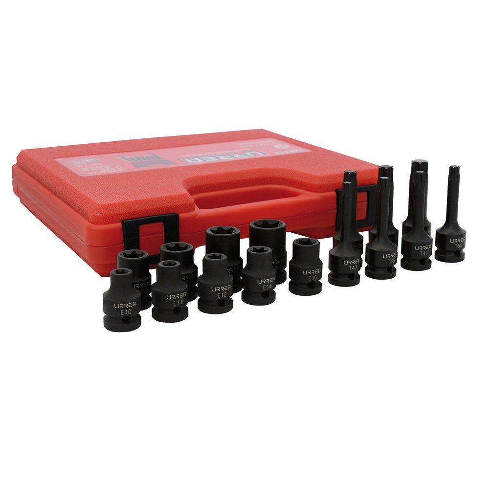 Juego de dados de impacto torx hembra y punta torx cuadro de 1/2", 16 piezas Urrea
