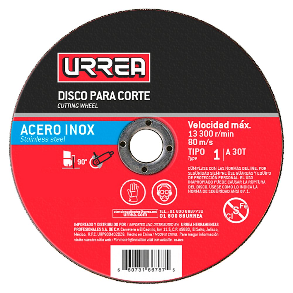 5 Pza Disco abrasivo tipo 1 para acero inoxidable, 4-1/2" x 3/64" Urrea