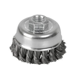Carda copa trenzada alambre delgado de acero inoxidable 3" x 0.35 mm con rosca 5/8" Surtek