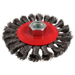 Carda circular trenzada alambre delgado de acero inoxidable 4" x 0.35 mm con rosca 5/8" Urrea
