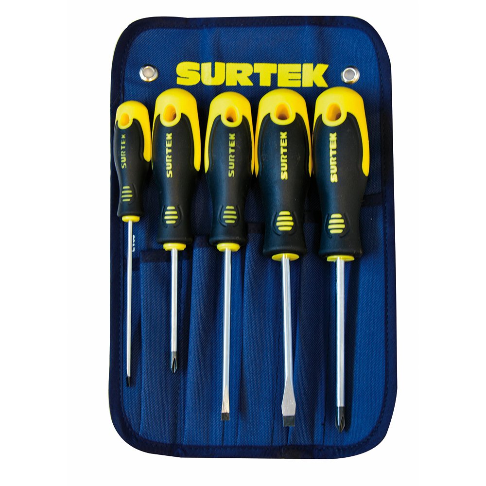 Juego de destornilladores con mango bimaterial combinados, 5 piezas en estuche Surtek