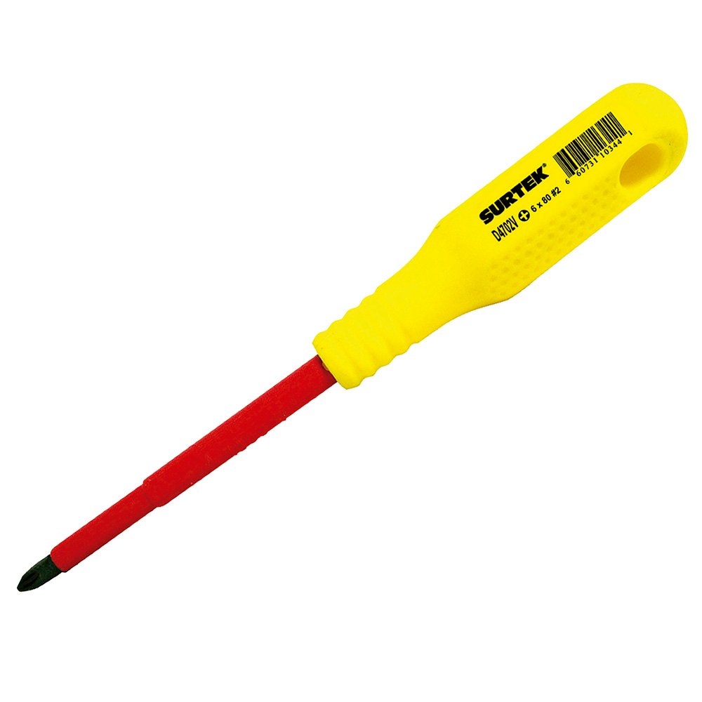 6 Pza Destornillador con mango amarillo dieléctrico, punta phillips 1000 V #2 x 4" Surtek