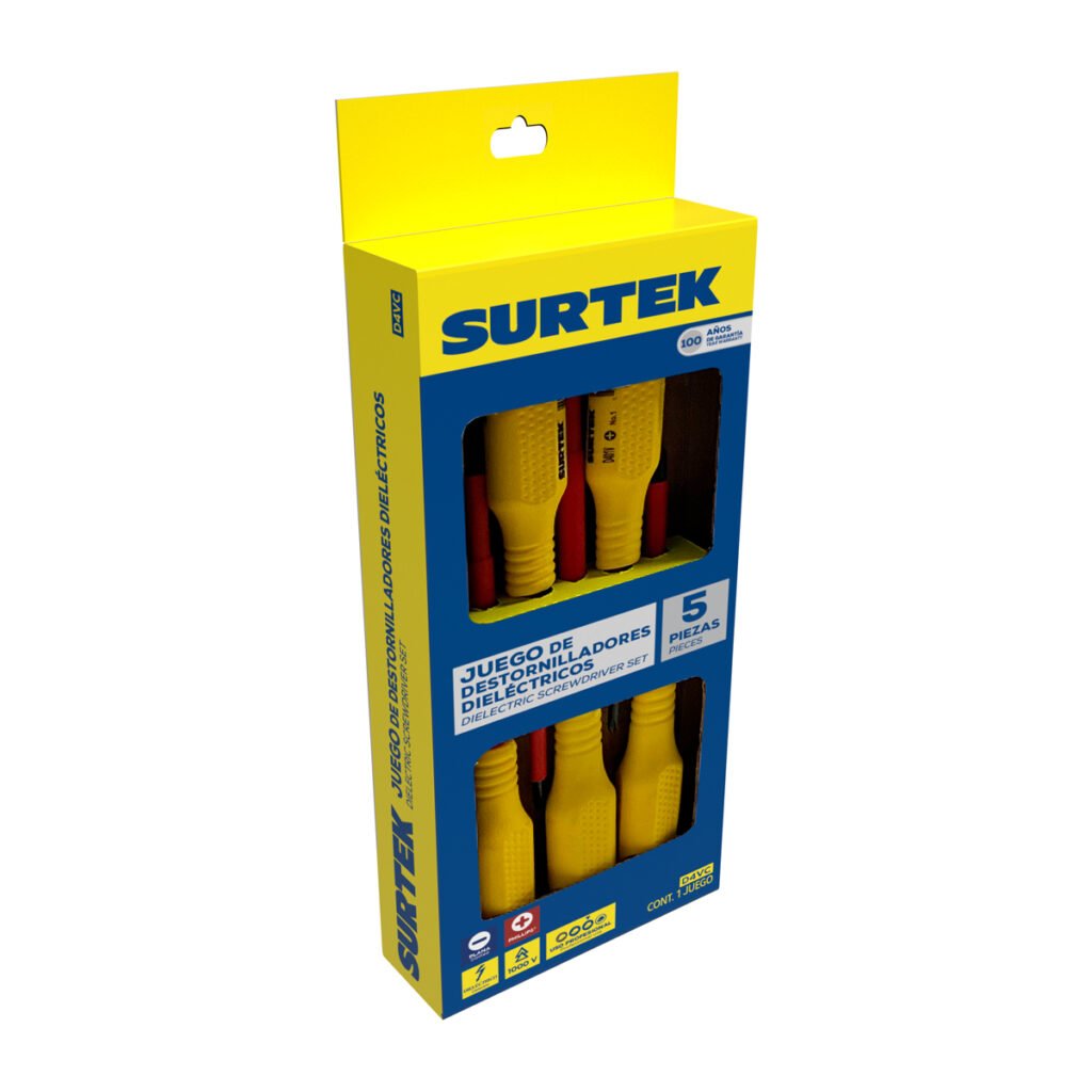 6 Pza Juego de destornilladores con mango amarillo dieléctricos 1000 V combinados, 5 piezas con caja Surtek