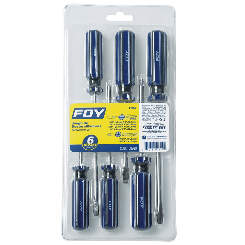 6 Pza Juego de destornilladores con mango de PVC combinados, 6 piezas en blíster Foy
