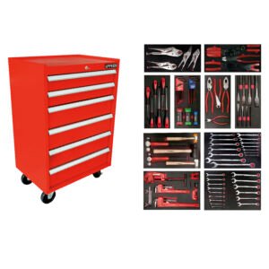 Juego industrial con organización modular de 6 gavetas 112 piezas, con gabinete EX27M6 Urrea