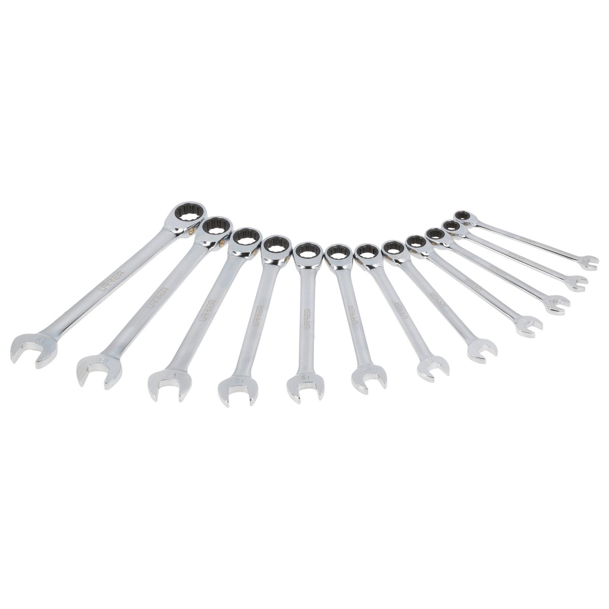 Juego de llaves combinadas pulido espejo de matraca spline mét,12 pts,12 pz en caja plást Urrea