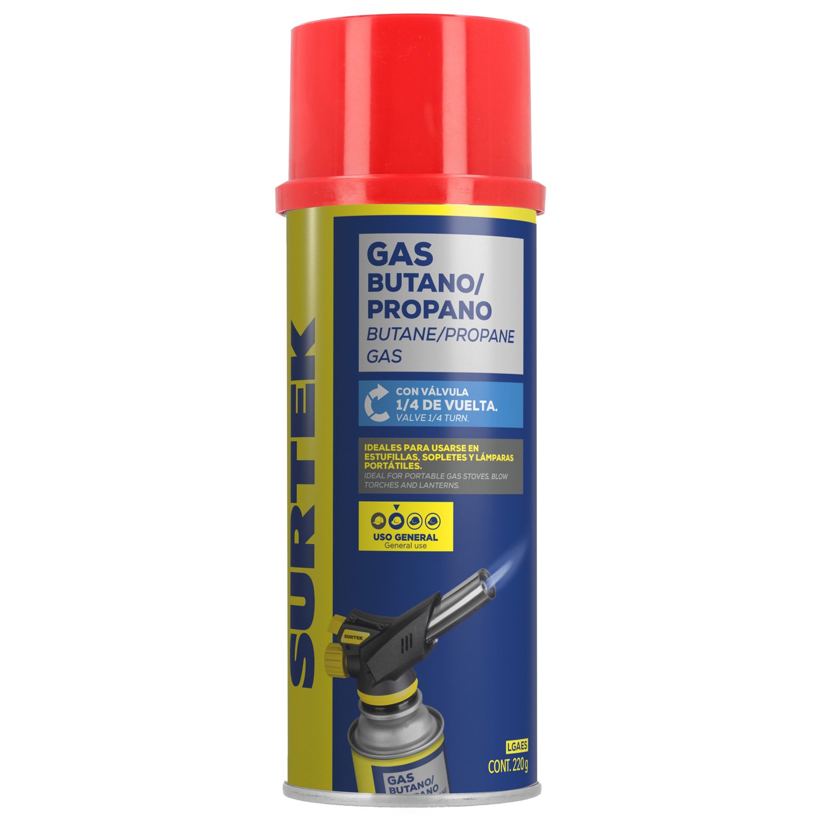 12 Pza Lata de gas butano/propano con válvula 1/4 de vuelta 220 g Surtek
