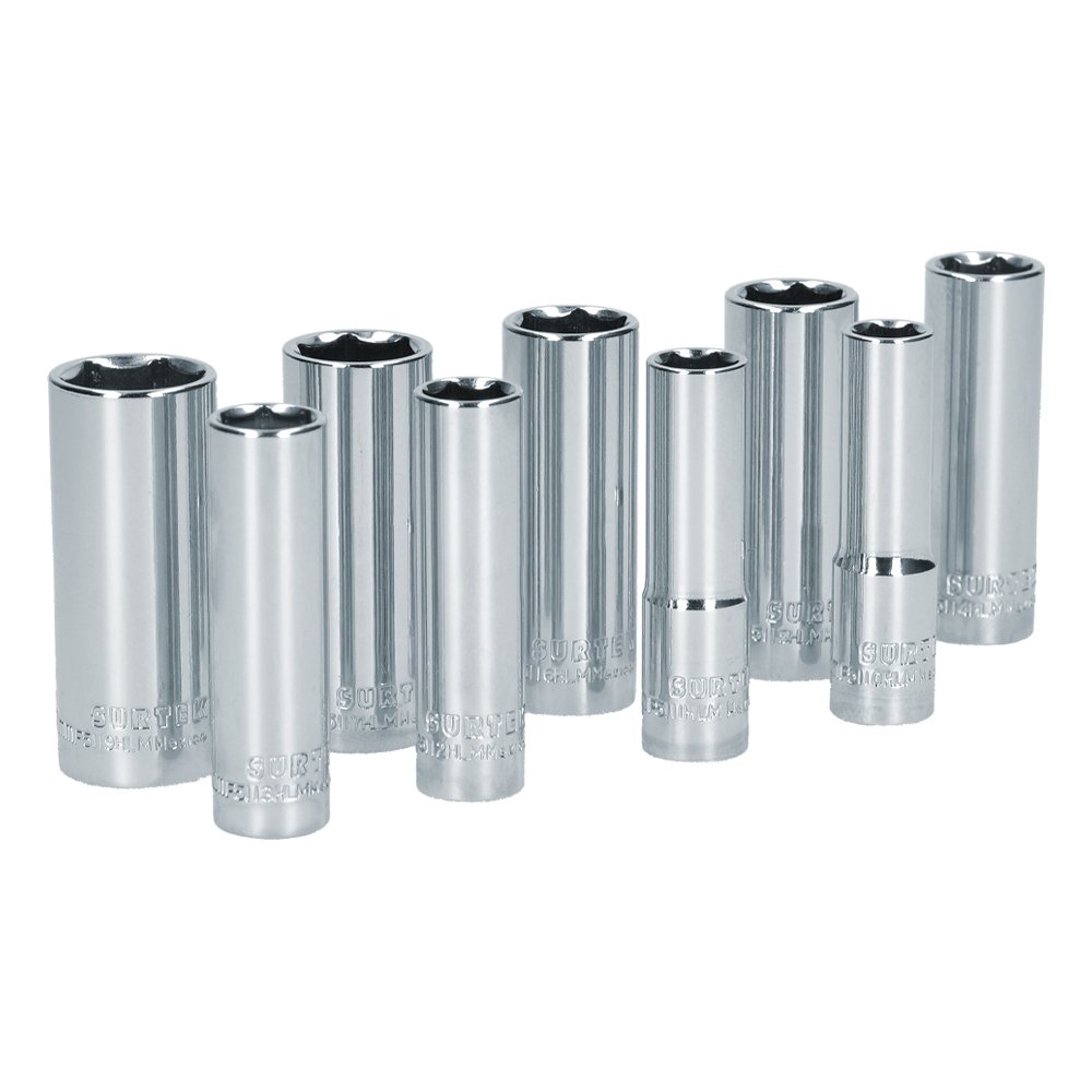 Juego de dados largos cuadro de 3/8", 6 puntas, métricos, 9 piezas Surtek